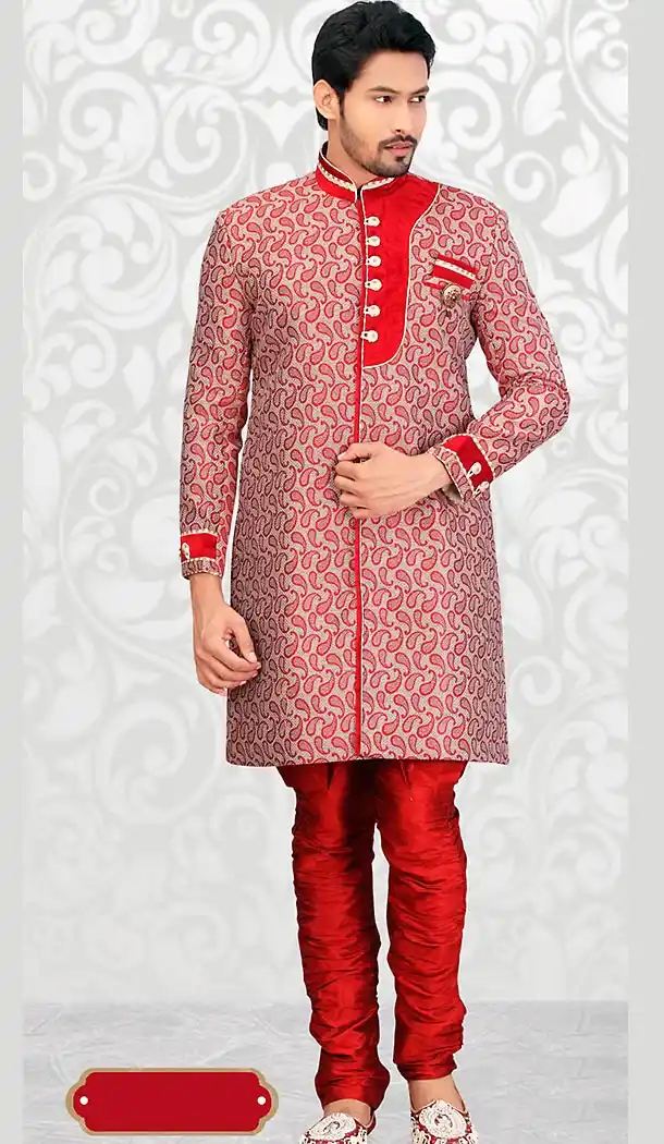 Deep Scarlet Color Jute Mens Indo Western with Bridges | FH446370255