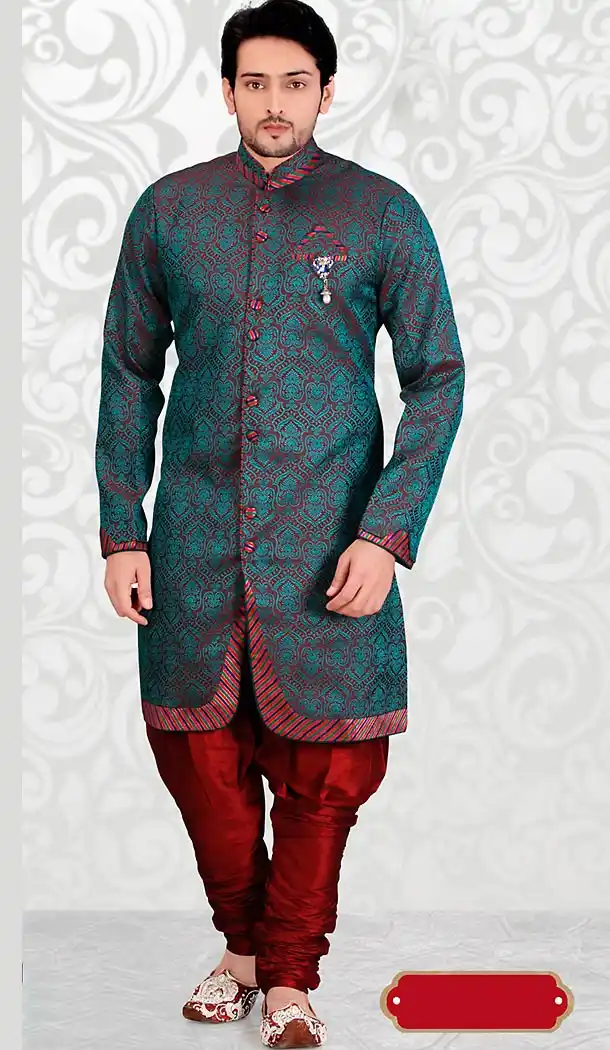 Maroon Color Jacquard Mens Indo Western with Bridges | FH446370258