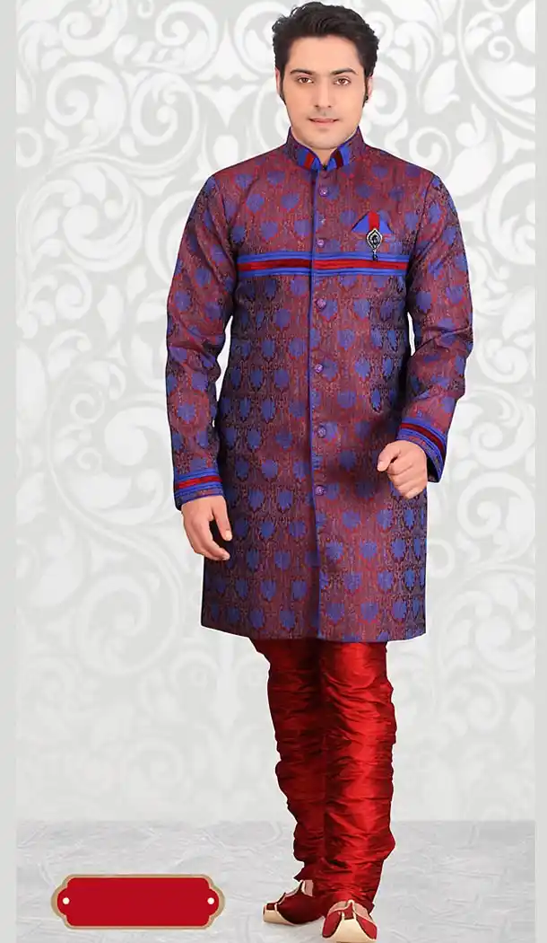 Navy Blue Color Jacquard Mens Indo Western with Bridges | FH446370259