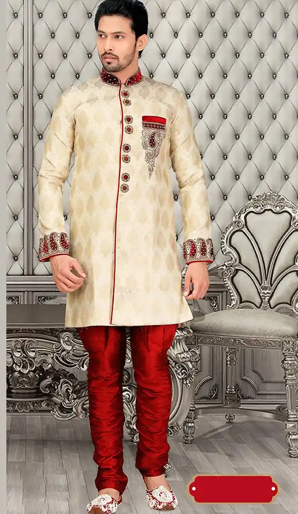 Cream Color Jacquard Bugle Beads Short Sherwani and Bridges | FH446470260