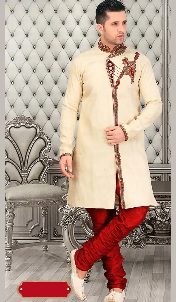 Cream Color Jacquard Bugle Beads Short Sherwani and Bridges | FH446470261