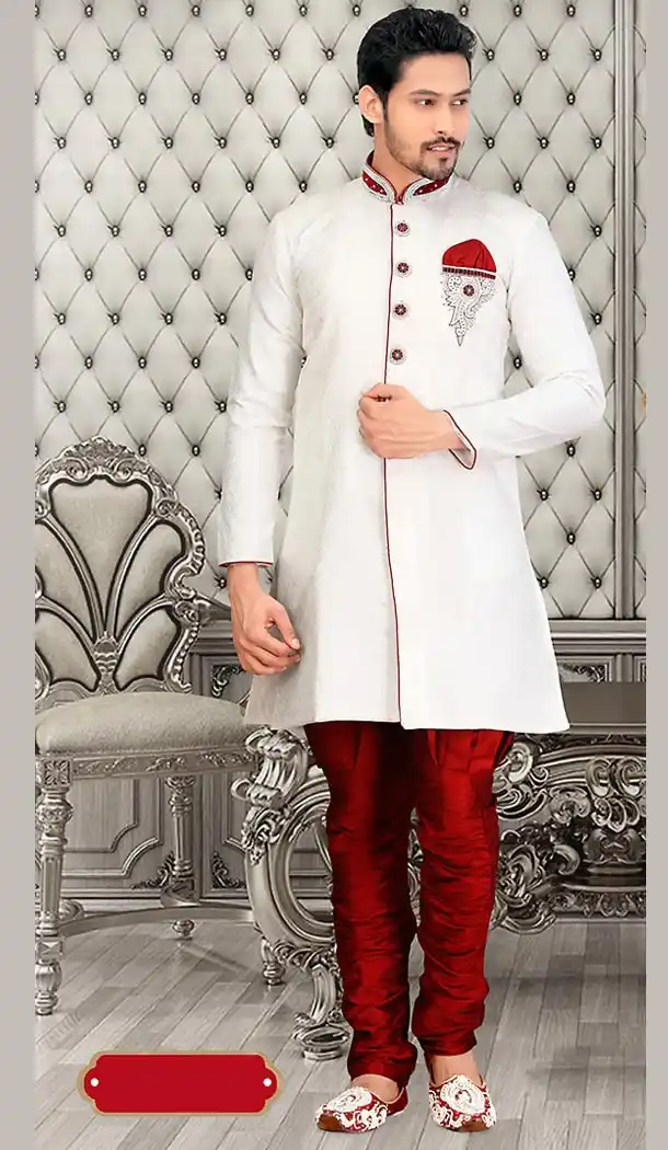 Off White Color Jacquard Bugle Beads Short Sherwani and Bridges | FH446470262