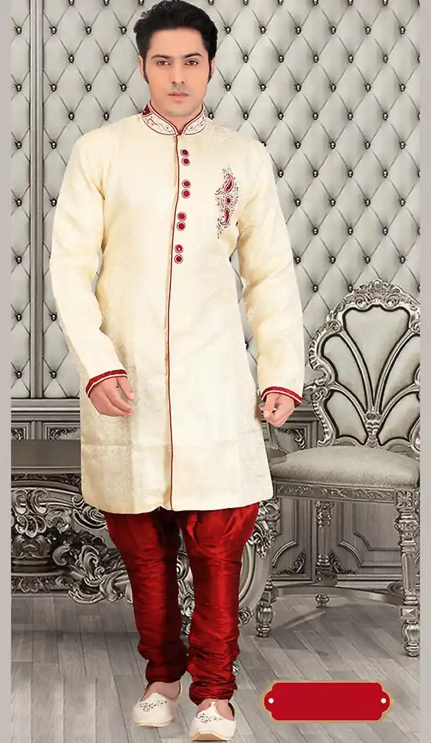 Cream Color Jacquard Bugle Beads Short Sherwani and Bridges | FH446470263