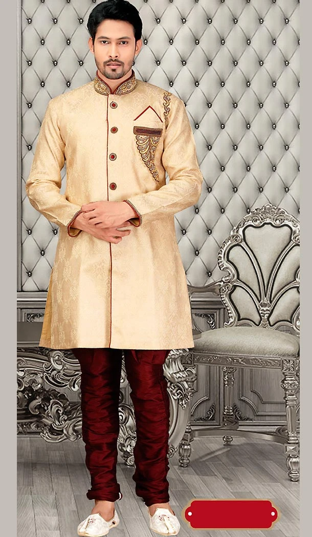 Dark Cream Color Jacquard Bugle Beads Short Sherwani and Bridges | FH446470264