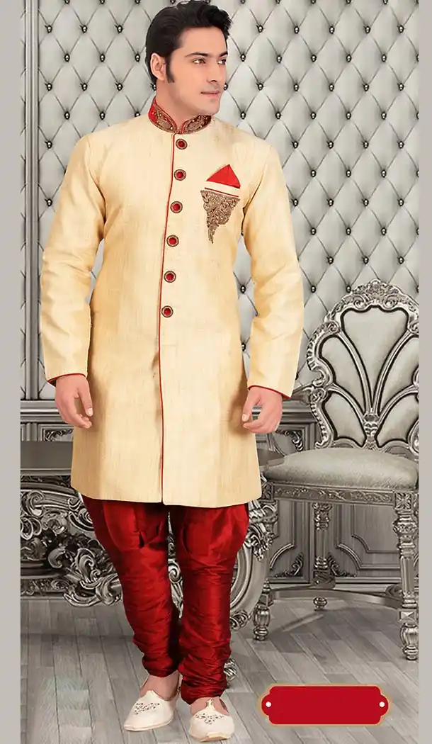 Dark Cream Color Dupioni Raw Silk Short Sherwani and Bridges | FH446470265