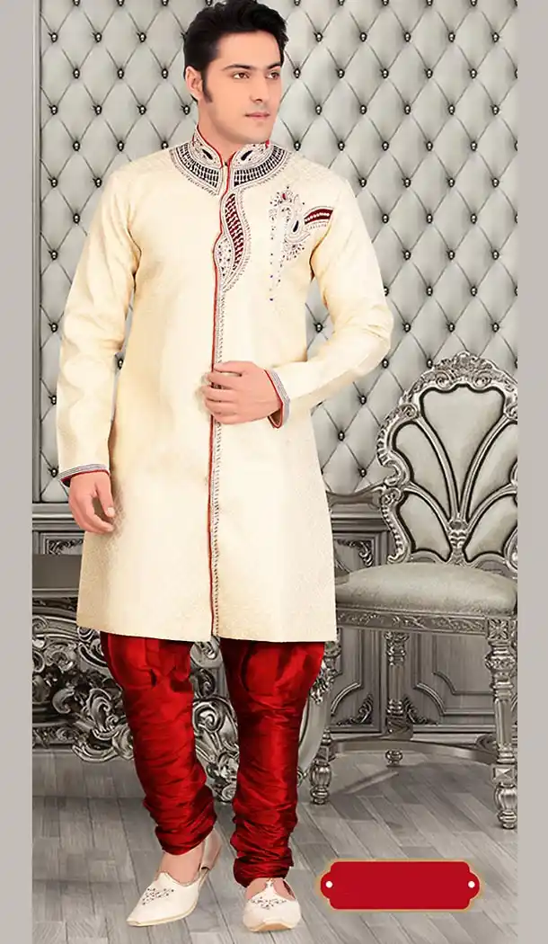Cream Color Jacquard Silk Short Sherwani and Bridges | FH446470266