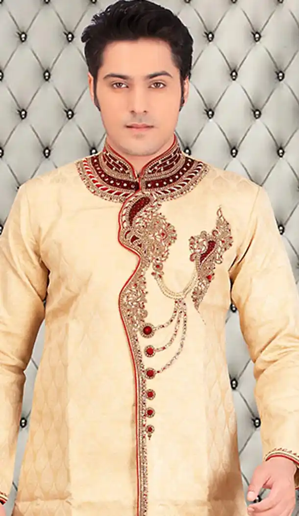 Beige Color Jacquard Silk Short Sherwani and Bridges | FH446470267