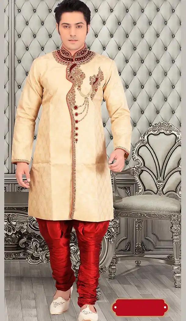Beige Color Jacquard Silk Short Sherwani and Bridges | FH446470267