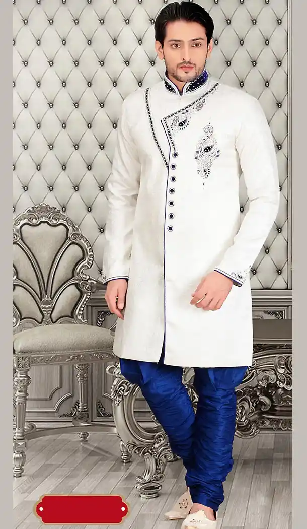 White Color Jacquard Silk Short Sherwani and Bridges | FH446470268