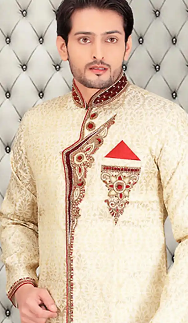 Cream Color Jacquard Silk Short Sherwani and Bridges | FH446470269
