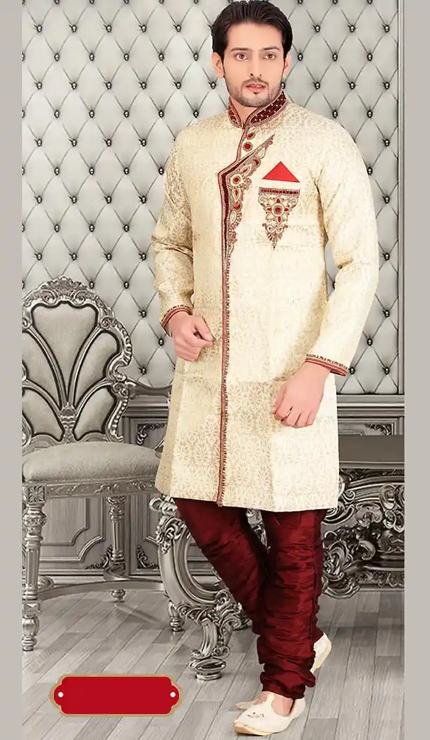 Cream Color Jacquard Silk Short Sherwani and Bridges | FH446470269