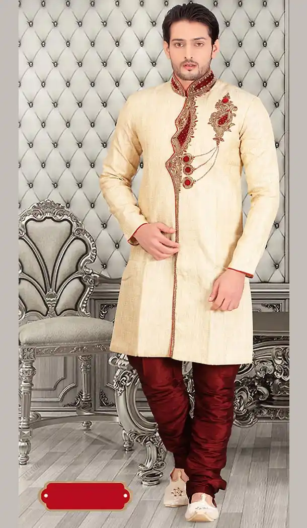 Dark Cream Color Jute Silk Short Sherwani and Bridges | FH446470270