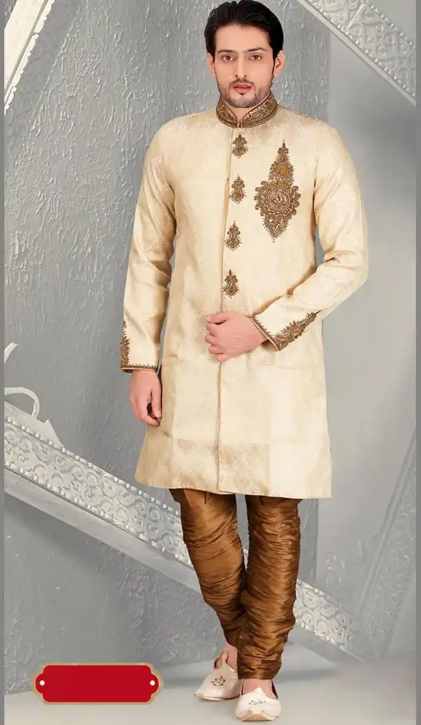 Cream Color Jacquard Ethnic Wear Mens Wedding Sherwani | FH446570271