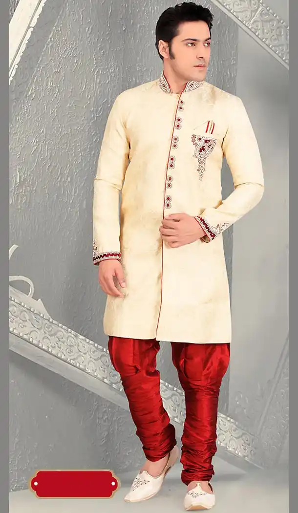 Cream Color Jacquard Ethnic Wear Mens Bridges Wedding Sherwani | FH446570272