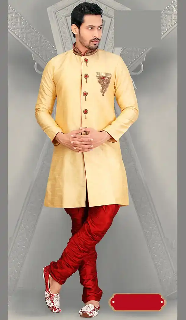 Dark Cream Color Dupioni Raw Silk Ethnic Wear Mens Wedding Sherwani | FH446570273
