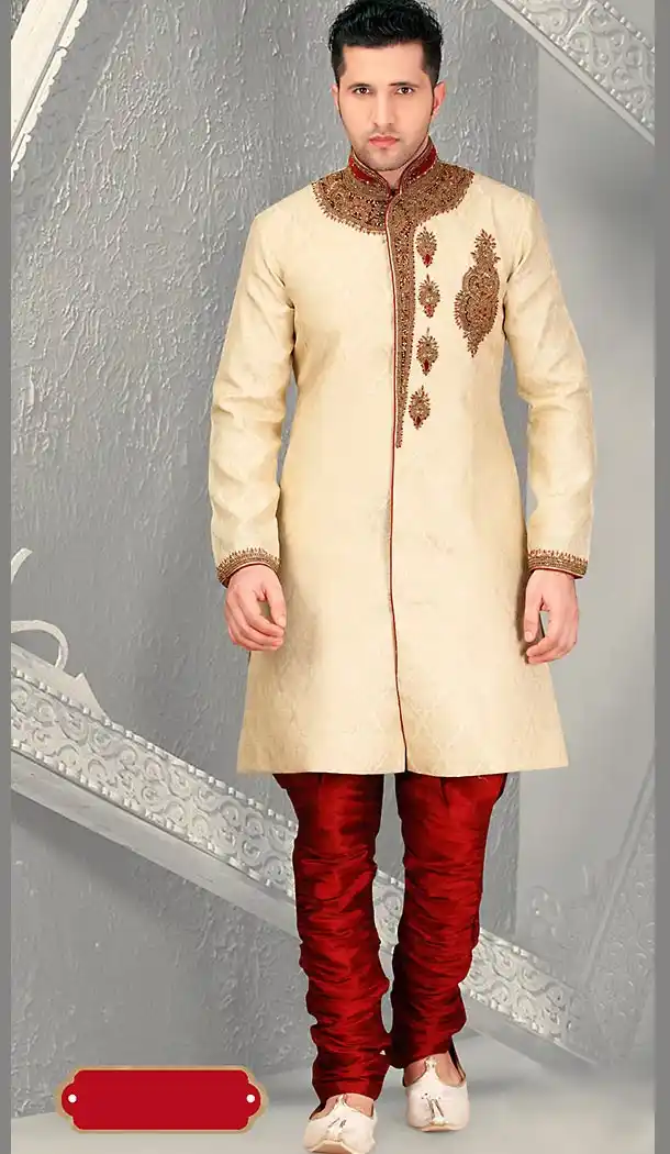 Beige Color Jacquard Ethnic Wear Mens Short Sherwani | FH446570274