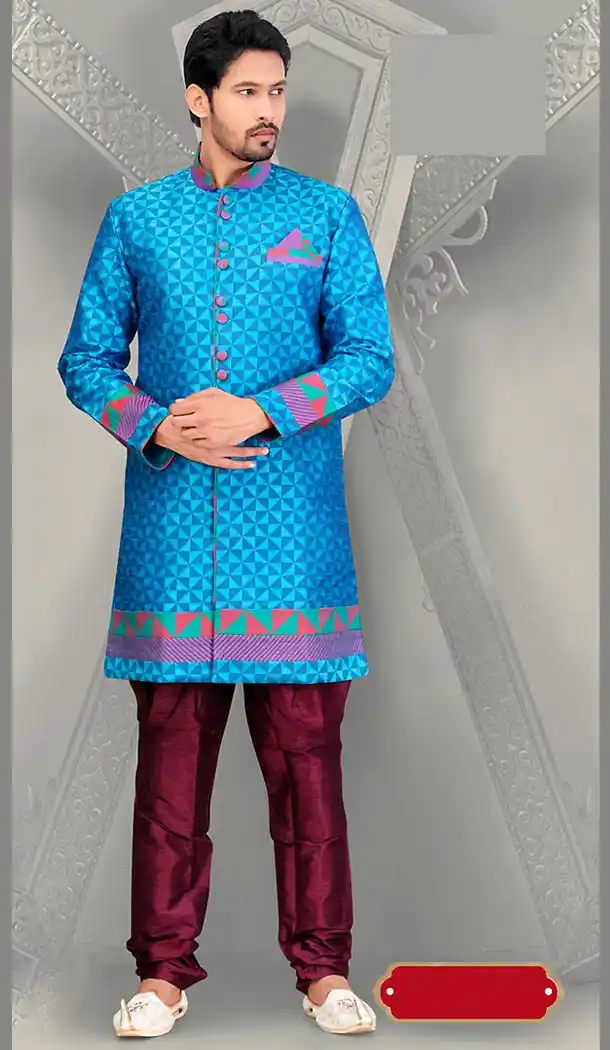 Sky Blue Color Dupioni Raw Silk Ethnic Wear Mens Short Sherwani | FH446570275