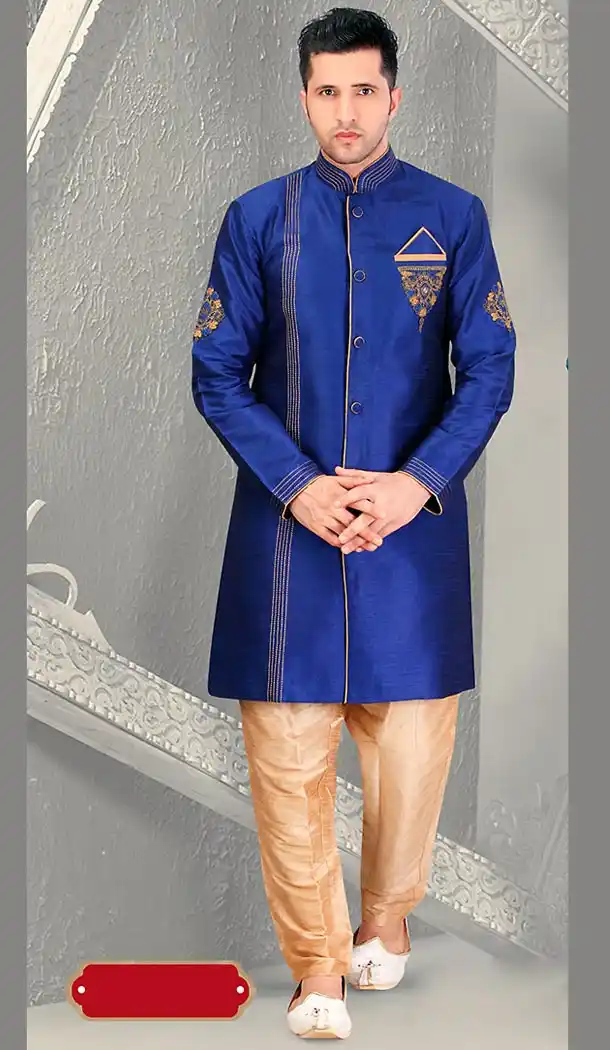 Navy Blue Color Dupioni Raw Silk Ethnic Wear Mens Short Sherwani | FH446570276