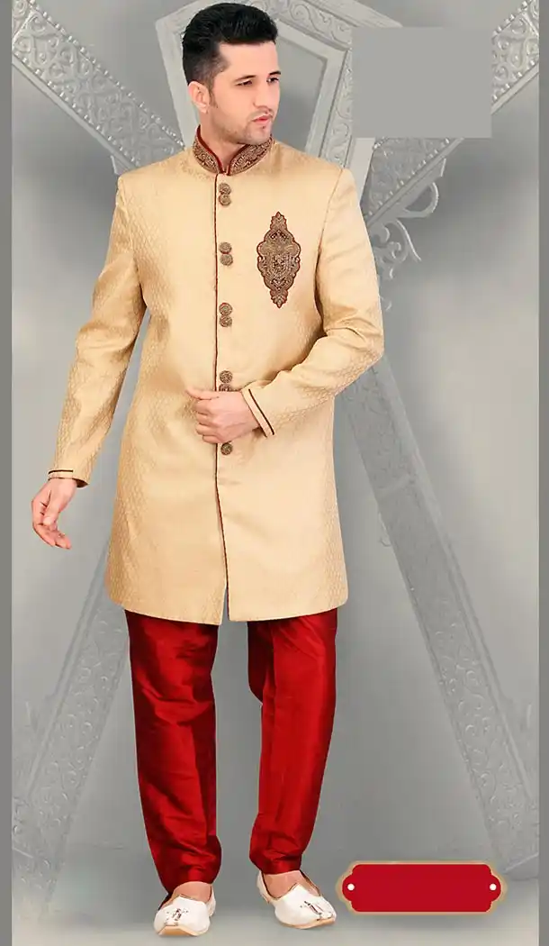 French Beige Color Jacquard Ethnic Wear Mens Short Sherwani | FH446570277