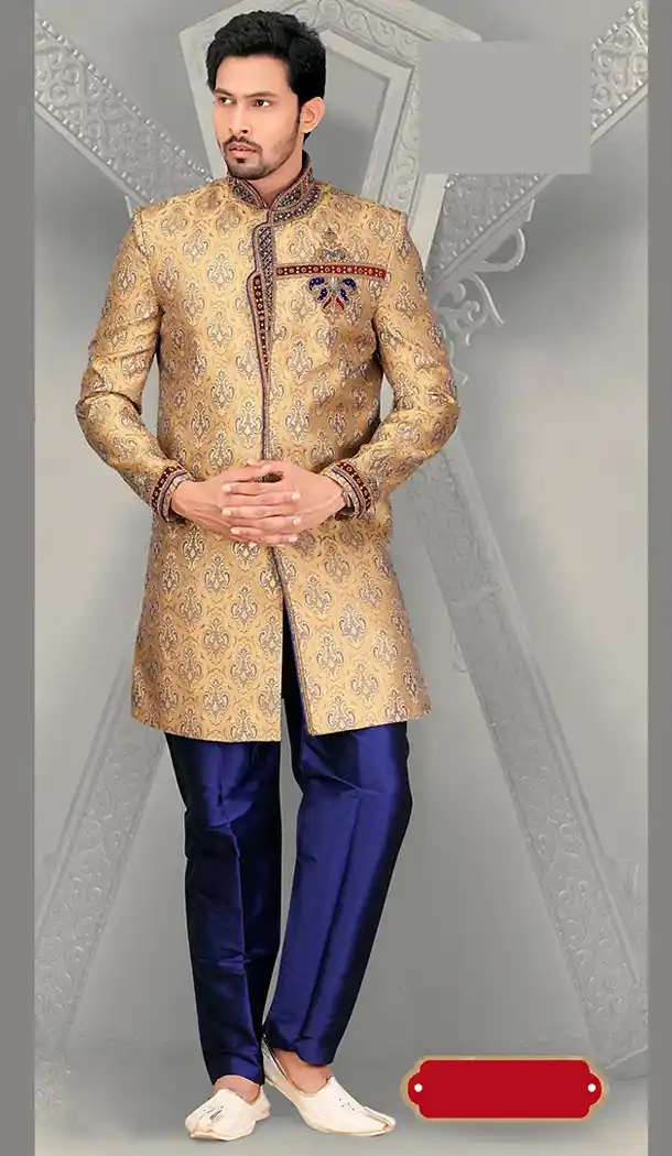Festive French Beige Color Jacquard Ethnic Wear Mens Short Sherwani | FH446570278