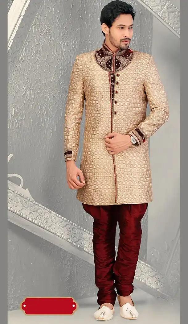 Crystals Stones French Beige Color Jacquard Ethnic Wear Mens Short Sherwani | FH446570279