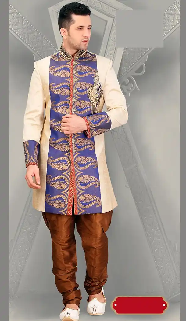 Beige Color Dupioni Raw Silk Ethnic Wear Mens Short Sherwani | FH446570280