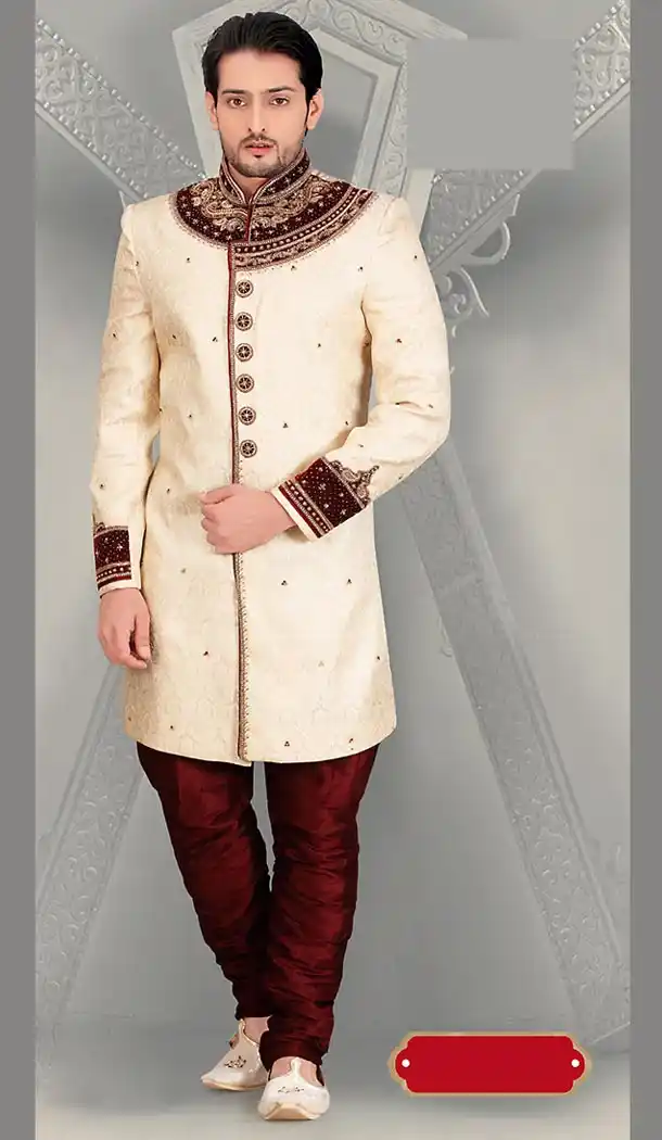 Cream Color Jacquard Ethnic Wear Mens Short Sherwani | FH446570281