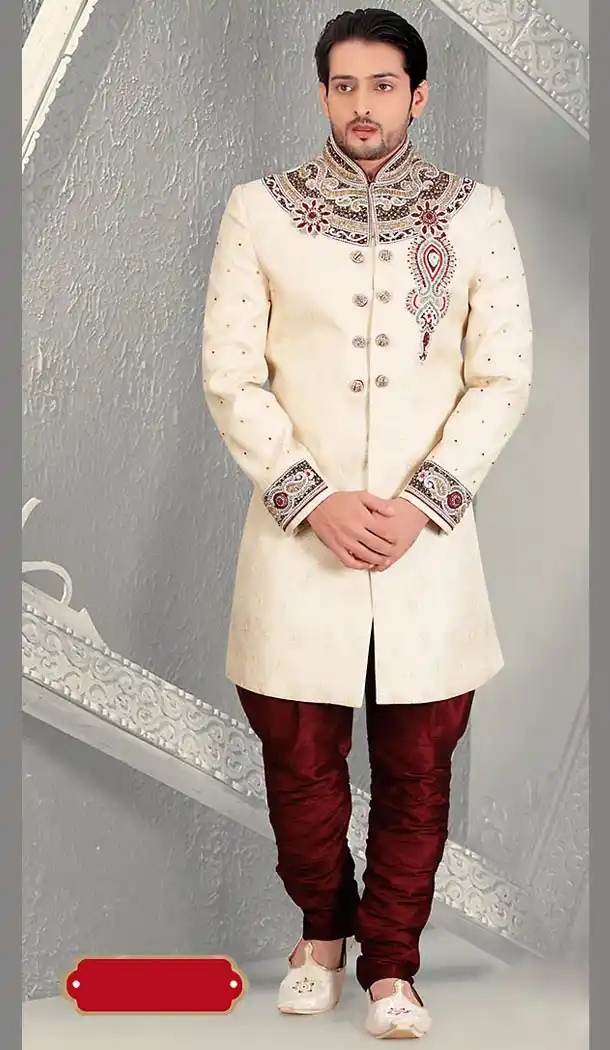 Cream Color Jacquard Ethnic Wear Mens Wedding Sherwani | FH446570282