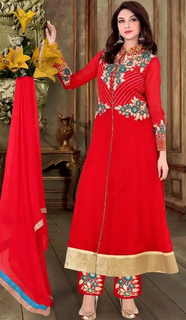 Georgette Fabric Deep Scarlet Color Achkan Style Stitched Salwar Suit with Dupatta | FH446670304