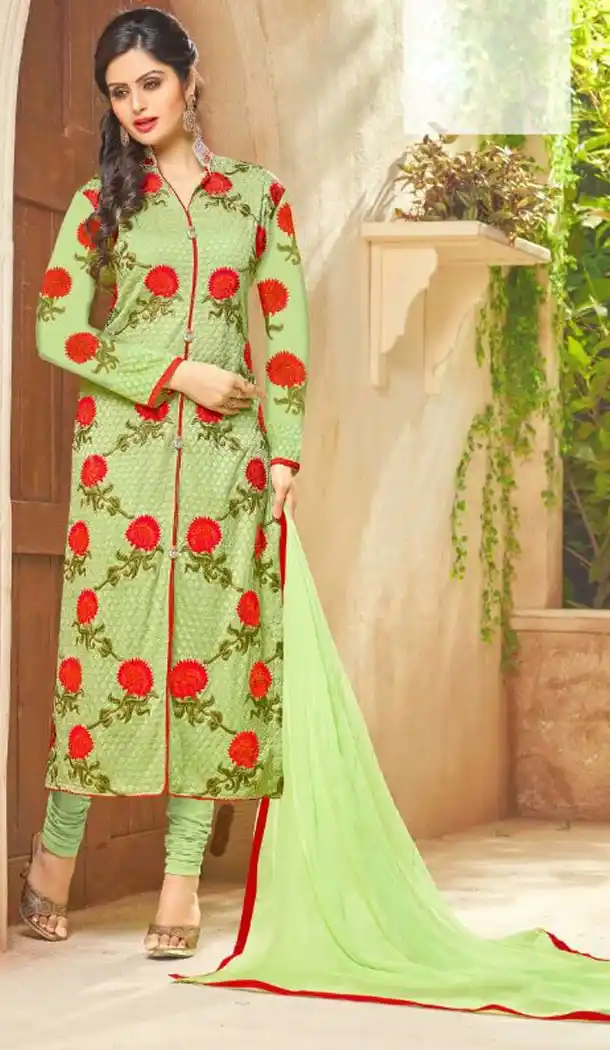 Georgette Fabric Parrot Green Color Achkan Style Stitched Salwar Suit with Dupatta | FH446770312