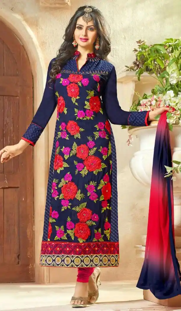 Georgette Fabric Navy Blue Color Straight Cut Style Stitched Salwar Suit with Dupatta | FH446770314