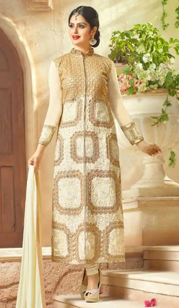 Georgette Fabric Light Cream Color Achkan Style Stitched Salwar Suit with Dupatta | FH446770315