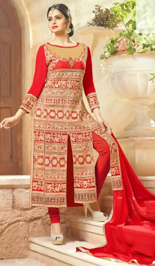 Georgette Fabric Red Color Achkan Style Stitched Salwar Suit with Dupatta | FH446770316