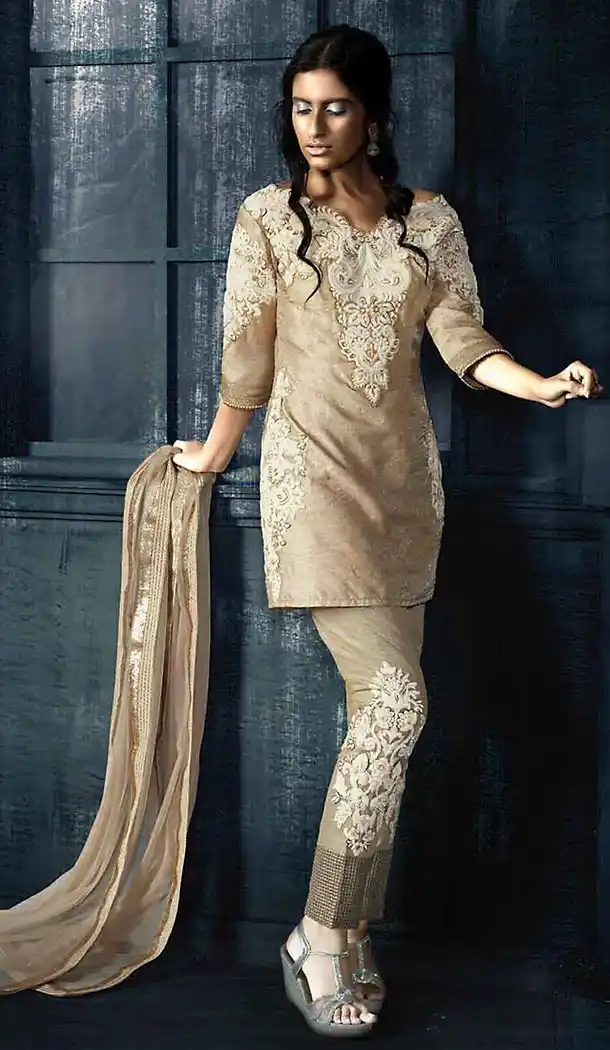 Silk Fabric Tan Brown Color Straight Cut Style Stitched Suit with Dupatta | FH446870317