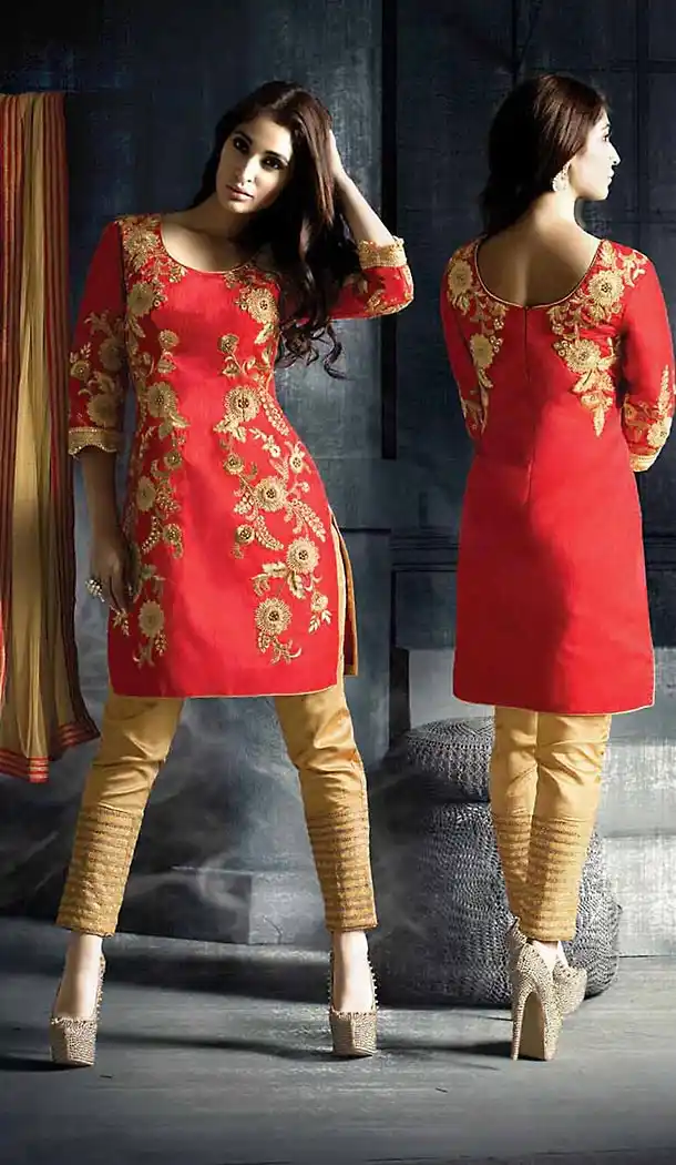 Silk Fabric Deep Scarlet Color Straight Cut Style Stitched Suit with Dupatta | FH446870318