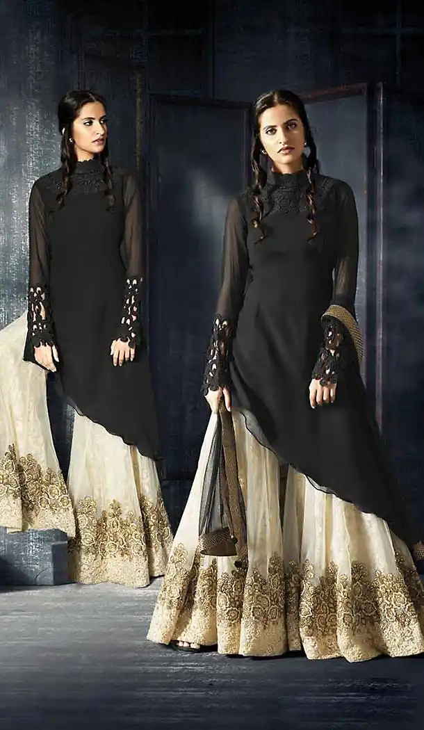 Georgette Fabric Black Color A Line Style Stitched Suit with Dupatta | FH446870322