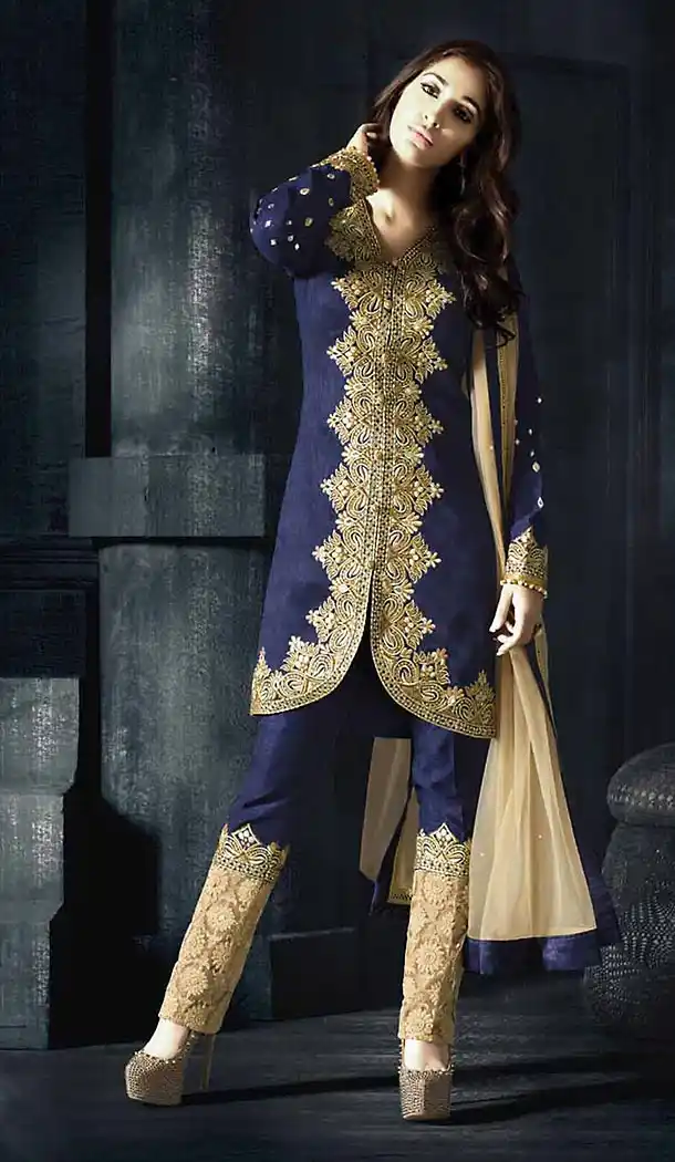 Silk Fabric Navy Blue Color Achkan Style Stitched Suit with Dupatta | FH446870324