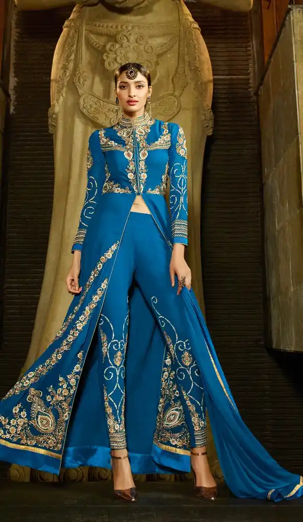 Georgette Fabric Azure Blue Color Achkan Style Stitched Narrow Pants Suit with Dupatta | FH446970326