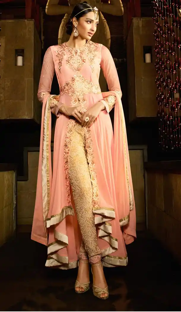 Georgette Fabric Salmon Color Achkan Style Stitched Narrow Pants Suit with Dupatta | FH446970327