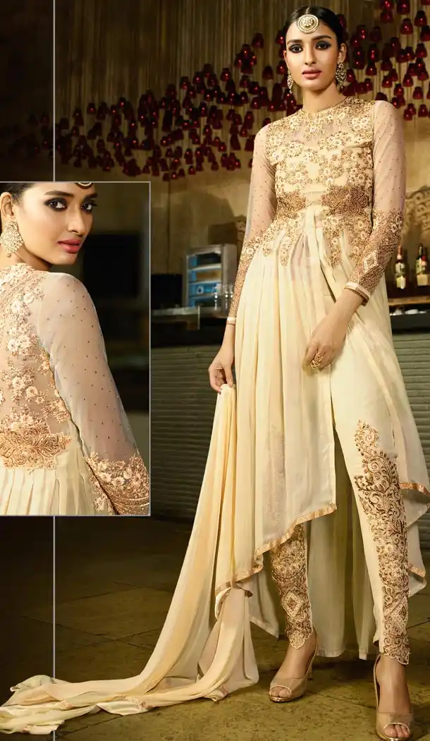 Georgette Fabric Beige Color Achkan Style Stitched Narrow Pants Suit with Dupatta | FH446970329