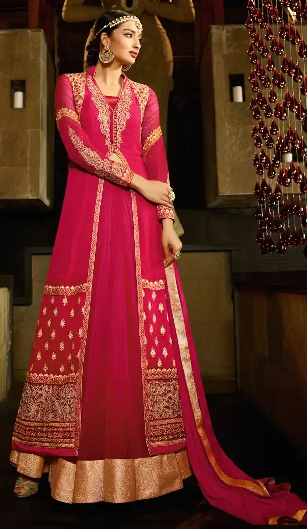 Georgette Fabric Crimson Color Achkan Style Stitched Narrow Pants Suit with Dupatta | FH446970330