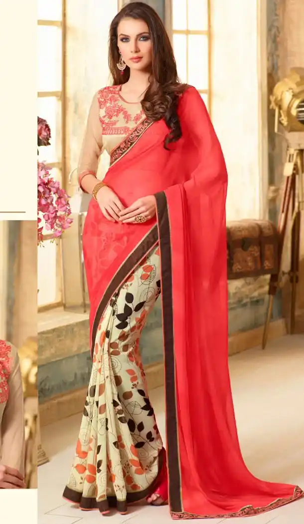 Red Color and Georgette Fabric Graphic print sarees with Stitched Blouse | FH447170338