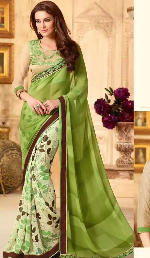 Green Color and Georgette Fabric Graphic print sarees with Stitched Blouse | FH447170339