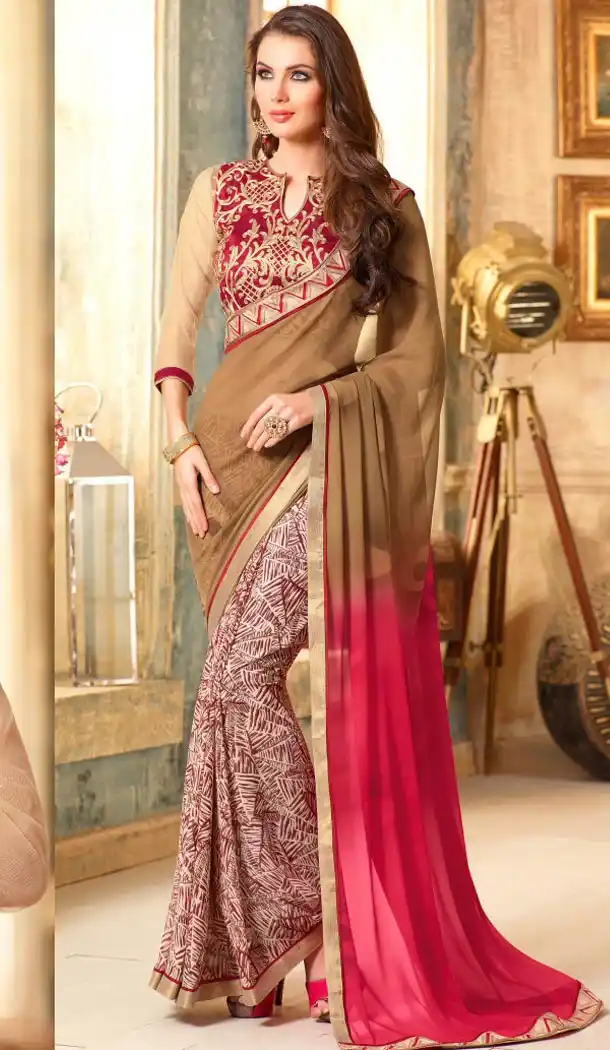 Tan Brown Color and Georgette Fabric Graphic print sarees with Stitched Blouse | FH447170340
