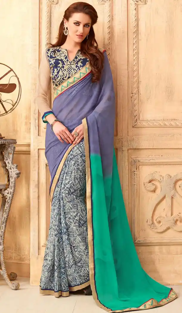 Emerald Color and Georgette Fabric Graphic print sarees with Stitched Blouse | FH447170341