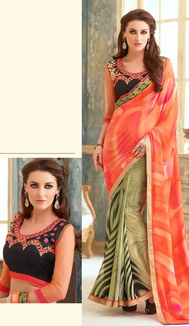 Orange Color and Georgette Fabric Graphic print sarees with Stitched Blouse | FH447170342