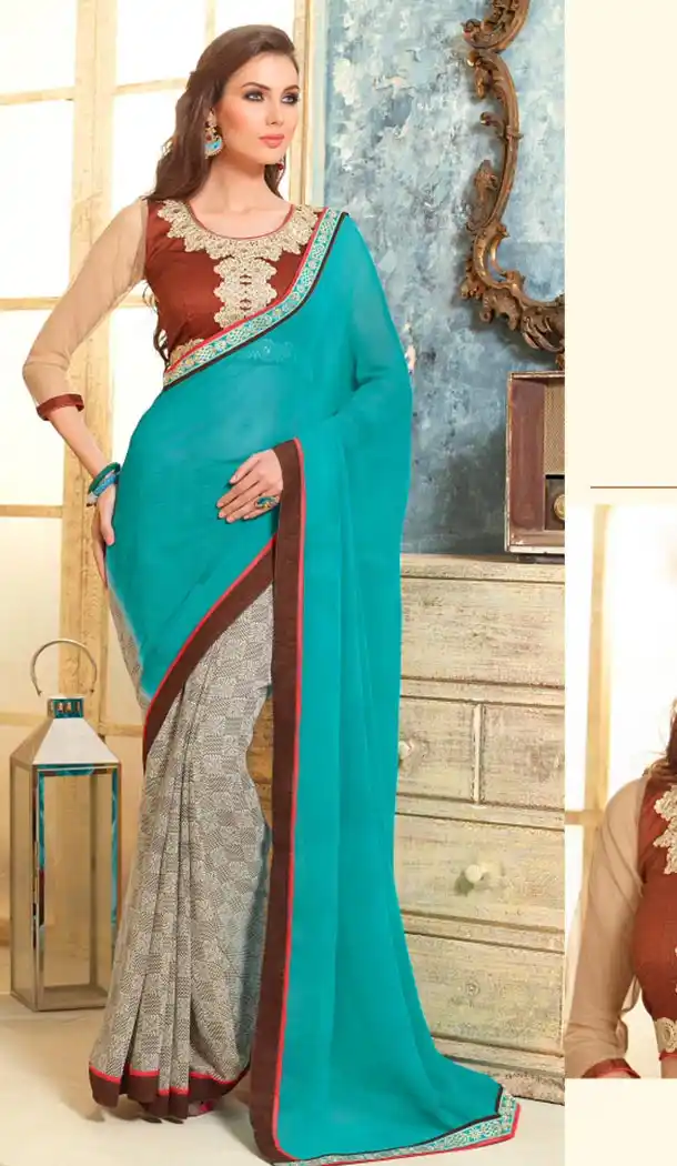 Aqua Blue Color and Georgette Fabric Graphic print sarees with Stitched Blouse | FH447170344