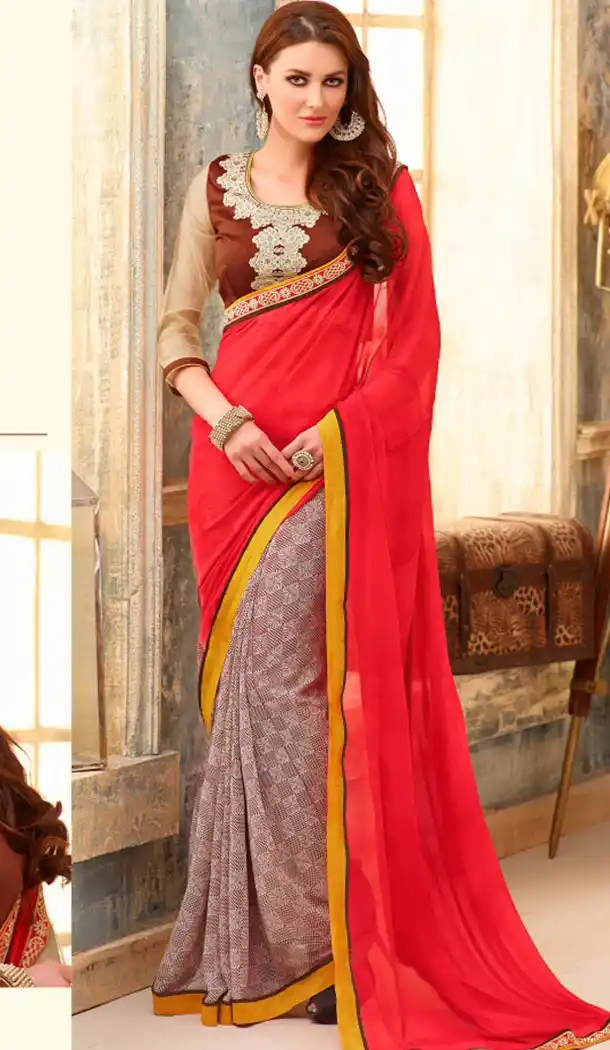 Deep Scarlet Color and Georgette Fabric Graphic print sarees with Stitched Blouse | FH447170345