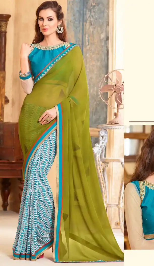 Mehendi Green Color and Georgette Fabric Graphic print sarees with Stitched Blouse | FH447170346