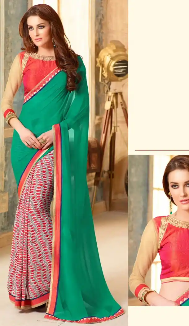 Emerald Color and Georgette Fabric Graphic print sarees with Stitched Blouse | FH447170347